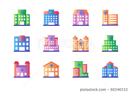 Hospital icons set in color flat design. Pack of building exterior, clinic facade, pharmacy, medicine office, medical real estate, property and other. Vector pictograms for web sites and mobile app 98346532