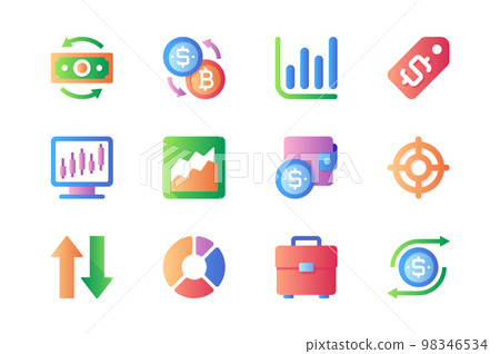 Trading icons set in color flat design. Pack of money, investment, profit, exchange, data analysis, dollar, forex, wallet, target, briefcase and other. Vector pictograms for web sites and mobile app 98346534