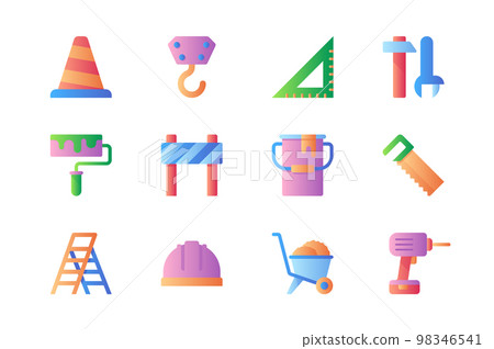 Construction icons set in color flat design. Pack of traffic cone, building crane, ruler, tools, paint roller, barrier, saw, ladder, helmet and other. Vector pictograms for web sites and mobile app 98346541