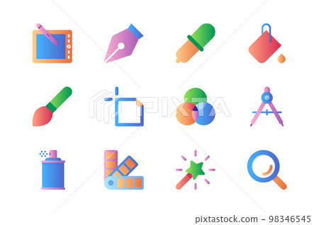 Graphic design icons set in color flat design. Pack of painting tablet, paintbrush, brush, pipette, paint palette, spray, swatch, magic wand and other. Vector pictograms for web sites and mobile app 98346545