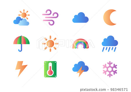 Weather icons set in color flat design. Pack of cloud, sun, wind, crescent moon, umbrella, sunny day, rainbow, rain, lightning, temperature and other. Vector pictograms for web sites and mobile app 98346571