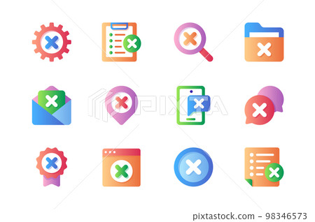 Reject icons set in color flat design. Pack of error gear, stop list, error search, close file, letter, wrong message, negative chat bubble and other. Vector pictograms for web sites and mobile app Reject icons set in color flat design. Pack of error gear, stop list, error search, close file, letter, wrong message, negative chat bubble and other. Vector pictograms for web sites and mobile app 98346573