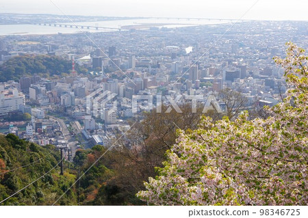 Tokushima City View of Tokushima city from the peak of Mt. Bizan with cherry blossoms Tokushima City View of Tokushima city from the peak of Mt. Bizan with cherry blossoms 98346725
