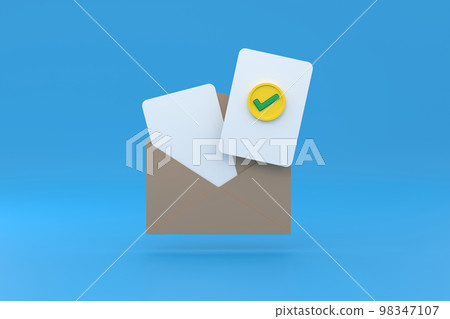 Open mail envelope icon with check mark isolated. Render approvement concept, 98347107
