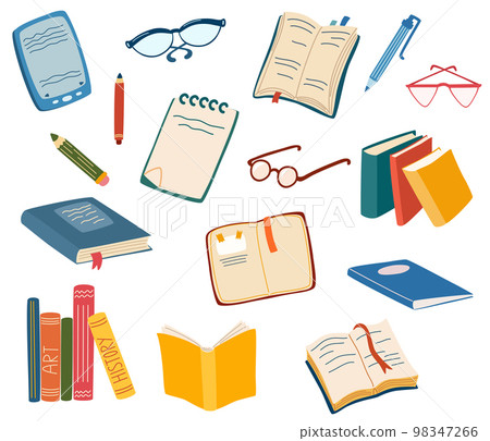 Stacks of books to read. Set of literature, dictionaries, encyclopedias, planners with bookmarks, pens and pencils, glasses. Bunch of textbooks to study. Reading lovers. Flat vector illustration 98347266