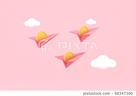 paper airplane and coins with clouds cute. financial concept. paper airplane and coins with clouds cute. financial concept. 98347300