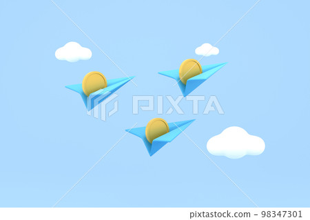 paper airplane and coins with clouds cute. financial concept. paper airplane and coins with clouds cute. financial concept. 98347301