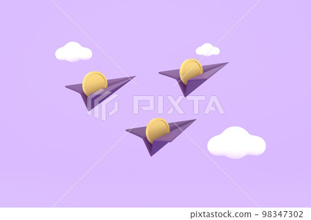 paper airplane and coins with clouds cute. financial concept. paper airplane and coins with clouds cute. financial concept. 98347302
