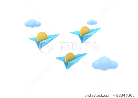 paper airplane and coins with clouds cute. financial concept. paper airplane and coins with clouds cute. financial concept. 98347305