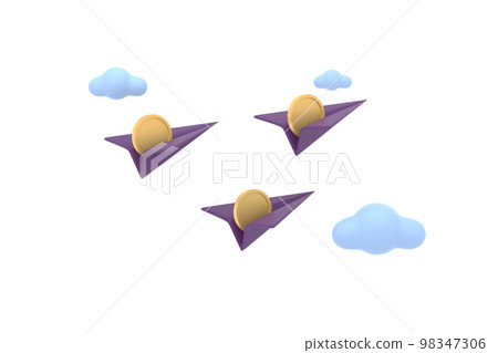 paper airplane and coins with clouds cute. financial concept. paper airplane and coins with clouds cute. financial concept. 98347306