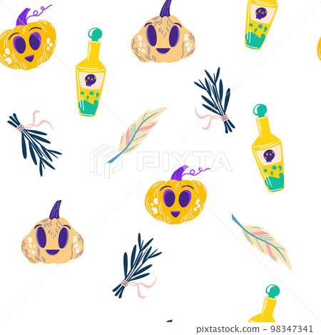 Halloween seamless pattern. Pumpkins, skulls, eyes, flowers and potion. Design for Halloween, invitation cards, greeting cards, printing. Vector hand draw illustration isolated on the white background 98347341