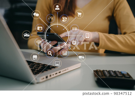 Close up woman doing finance at home office with calculate expenses. Close up woman doing finance at home office with calculate expenses. 98347512