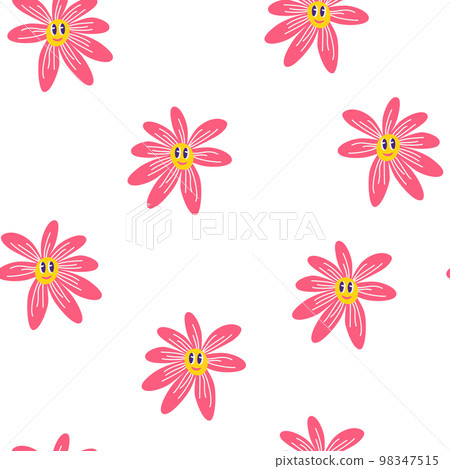 Chamomile flowers with faces seamless pattern. Floral Background, Wallpaper, wrapping paper, poster template. Hand drawn Trendy Vector illustration. Chamomile flowers with faces seamless pattern. Floral Background, Wallpaper, wrapping paper, poster template. Hand drawn Trendy Vector illustration. 98347515