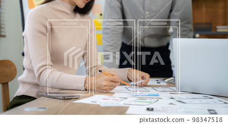 Creative digital development agency. developer team brainstorming on their project with laptop, smartphone and digital tablet. Creative digital development agency. developer team brainstorming on their project with laptop, smartphone and digital tablet. 98347518