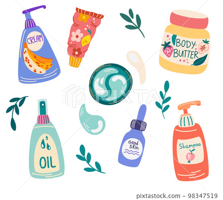 Cosmetics for self-care set. Shampoo, oil, face cream, hand cream, cleanser, eye patches, body butter.  Products and tools. Positive, health, beauty and wellness concept. Vector cartoon illustration 98347519