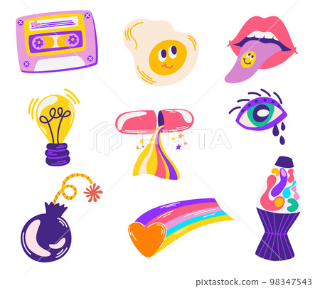Pop Color Style Flat Design 90s Sticker. Cool trendy retro stickers with smile faces, cartoon comic label patches. Different emotions, text. Vector cartoon illustration isolate Pop Color Style Flat Design 90s Sticker. Cool trendy retro stickers with smile faces, cartoon comic label patches. Different emotions, text. Vector cartoon illustration isolate 98347543