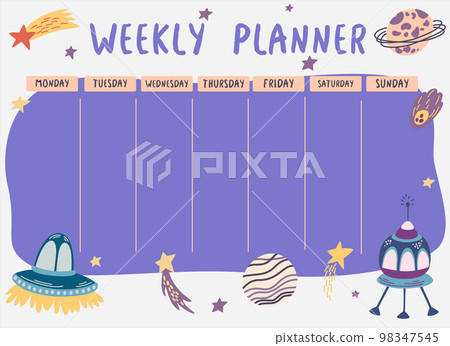 Weekly planner space. Planner with spaceships, stars and planets. Template for sticky notes, planners, check lists, journal and other stationery. Elementary school student. Vector illustration. Weekly planner space. Planner with spaceships, stars and planets. Template for sticky notes, planners, check lists, journal and other stationery. Elementary school student. Vector illustration. 98347545