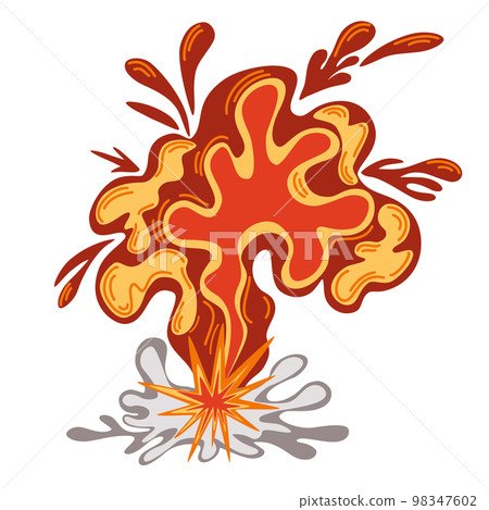 Explosion. Cartoon dynamite or bomb explosion, fire. Boom clouds and smoke element. Dangerous explosive detonation, Atomic bomb explosion. Vector hand draw illustration. 98347602