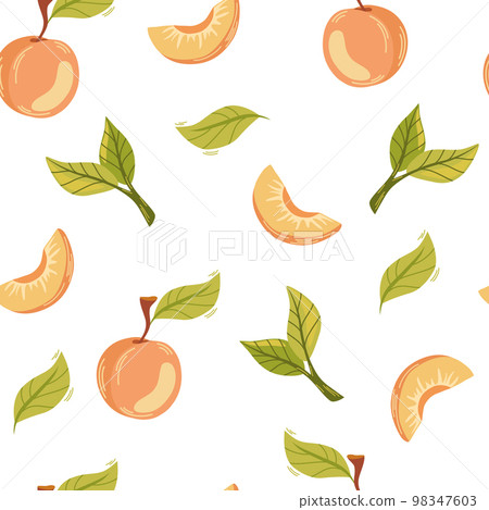 Apricot fruit seamless pattern. Rise garden plant whole and half piece with stem and kernel. Juicy natural healthy fruit. Perfect for wallpaper, fabric, interior decor. Vector cartoon illustration 98347603