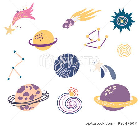 Planets and Shooting stars set. Space objects. Comet tail or star trail. Meteorite, space. Vector Hand draw illustration isolated on the white background. 98347607