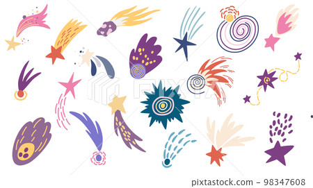 Shooting stars set. Comet tail or star trail. Meteorite, space. Vector Hand draw illustration isolated on the white background. 98347608