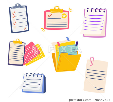 Contract documents and folders set. Documents with paper sheets, signatures and sticky notes. Employment business and finance. Hiring. Vector cartoon illustration isolated on a white background. Contract documents and folders set. Documents with paper sheets, signatures and sticky notes. Employment business and finance. Hiring. Vector cartoon illustration isolated on a white background. 98347627