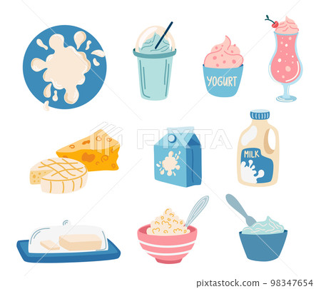 Dairy products set. Milk, yogurt, cheese, butter, milkshake, ice cream, whipped cream. Farm natural food. Vector hand draw illustration flat icon isolated on white. 98347654