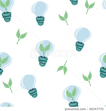 Plant inside Light bulb seamless pattern. Green energy. Concept of Green energy and environmentally friendly sources. Editable stroke. Vector illustration isolated on the white background. 98347770