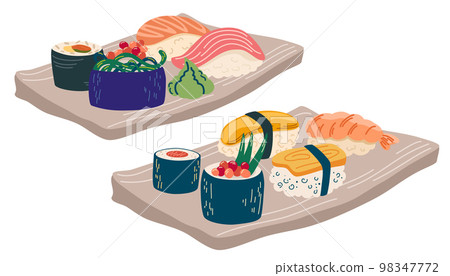 Sushi set. Asian Food. Perfect for restaurant cafe and print menus. Vector hand draw cartoon illustration. 98347772
