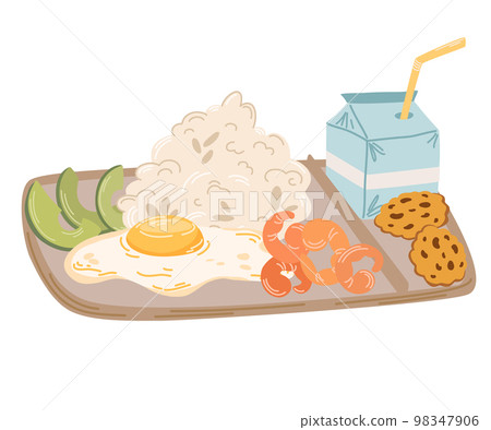 Bento lunch. Asian Food. Japanese lunch box with rice shrimp and avocado. Perfect for restaurant cafe and print menus. Vector hand draw cartoon illustration. Bento lunch. Asian Food. Japanese lunch box with rice shrimp and avocado. Perfect for restaurant cafe and print menus. Vector hand draw cartoon illustration. 98347906