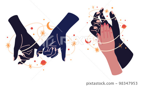 Hands with celestial mystical symbols set of magic. Spiritual boho logo, design elements with moon, plant, sun. Black silhouette of woman arms isolated on white. Vector illustration 98347953