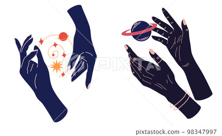 Hands with celestial mystical symbols set of magic. Spiritual boho logo, design elements with moon, plant, sun. Black silhouette of woman arms isolated on white. Vector illustration 98347997