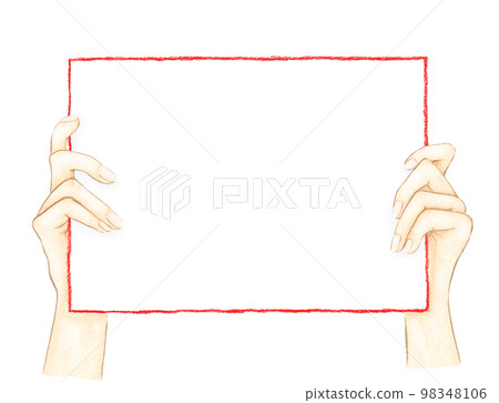 Illustration of a hand holding a blank panel with a prominent red frame 98348106