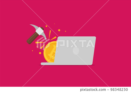 Bitcoin mining concept with pickaxe and coin flat vector 98348230