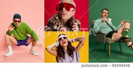 Collage. Portraits of different people, men and women of different age posing with various emotions over multicolored background. Concept of emotions and lifestyle Collage. Portraits of different people, men and women of different age posing with various emotions over multicolored background. Concept of emotions and lifestyle 98348448