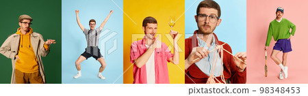 Collage made of different portraits of young emotive man poing in various clothes over multicolored background. Concept of emotions and lifestyle 98348453
