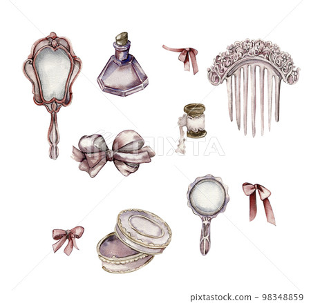 Watercolor illustration of an old rusty elements, ribbon,lamp, mirror, comb with ornament. Perfect for wedding invitation, greetings card, posters, party decor.Hand drawn with watercor. Watercolor illustration of an old rusty elements, ribbon,lamp, mirror, comb with ornament. Perfect for wedding invitation, greetings card, posters, party decor.Hand drawn with watercor. 98348859