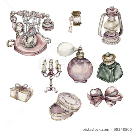 Watercolor illustration of an old rusty elements, ribbon,lamp, mirror, comb with ornament. Perfect for wedding invitation, greetings card, posters, party decor.Hand drawn with watercor. Watercolor illustration of an old rusty elements, ribbon,lamp, mirror, comb with ornament. Perfect for wedding invitation, greetings card, posters, party decor.Hand drawn with watercor. 98348860