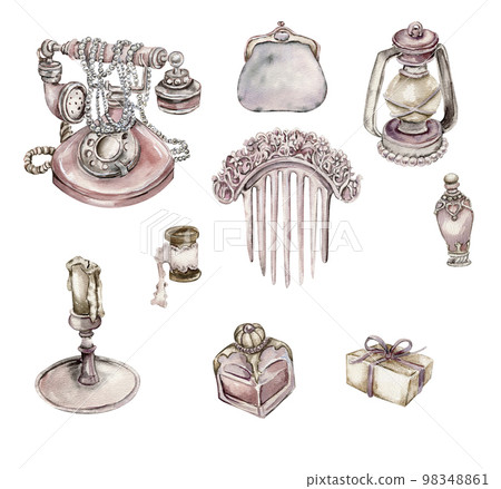 Watercolor illustration of an old rusty elements, ribbon,lamp, mirror, comb with ornament. Perfect for wedding invitation, greetings card, posters, party decor.Hand drawn with watercor. 98348861