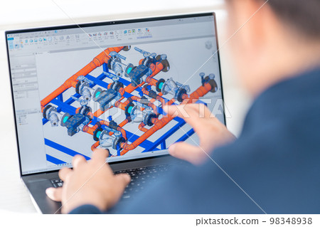 Three-dimensional CAD, three-dimensional 3DCG building equipment design, hot water monitoring control module, businessman Three-dimensional CAD, three-dimensional 3DCG building equipment design, hot water monitoring control module, businessman 98348938