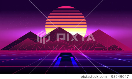 Retro future, 80s style Sci-Fi Background. Futuristic car. 98349047