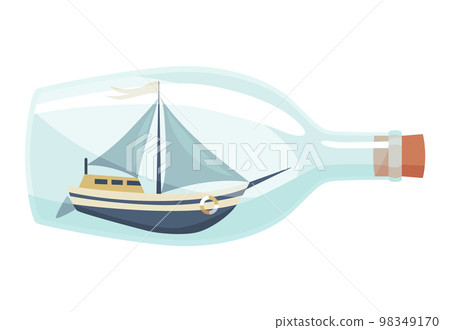 Ships in bottle. Glass with object inside. Miniature model of marine vessel. Hobby craft work and sea theme. Decorative marine souvenir, sailing craft 98349170