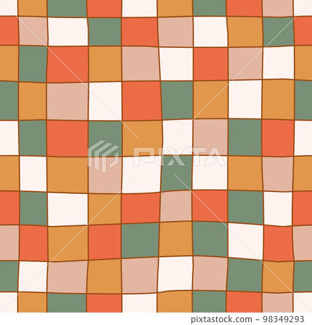 Groovy hippie 70s seamless pattern. Checkerboard, chessboard, mesh, waves patterns. Twisted and distorted vector texture in trendy retro psychedelic style Groovy hippie 70s seamless pattern. Checkerboard, chessboard, mesh, waves patterns. Twisted and distorted vector texture in trendy retro psychedelic style 98349293