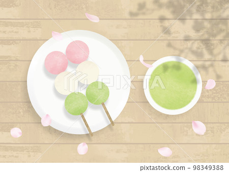 Cherry blossoms, three-color dumplings and green tea watercolor painting 98349388