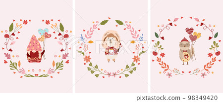 Beautiful compositions with flower wreaths and a cute gnome holding balloons, a ram in love, an owl. Bright illustrations for greeting cards, posters, banners. Vector 98349420