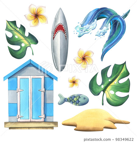 Blue beach house with shark print surfboard, sandy island, wave of water, tropical leaves, plumeria flowers. Watercolor illustration. A set of isolated objects from the SURFING collection. Blue beach house with shark print surfboard, sandy island, wave of water, tropical leaves, plumeria flowers. Watercolor illustration. A set of isolated objects from the SURFING collection. 98349622