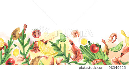 Shrimp with vegetables, eggs and herbs. Watercolor illustration. Seamless border pattern from the SHRIMP collection. For the design and design of menus, recipes, banners, templates, cafes Shrimp with vegetables, eggs and herbs. Watercolor illustration. Seamless border pattern from the SHRIMP collection. For the design and design of menus, recipes, banners, templates, cafes 98349623