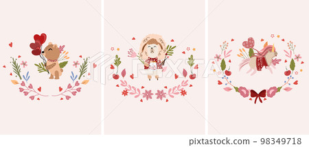 Beautiful compositions with flower wreaths and a cute bear holding balloons, a ram in love, a unicorn. Bright illustrations for greeting cards, posters, banners. Vector 98349718