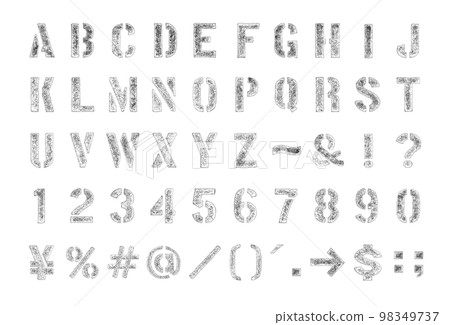 帶有褪色邊緣的白色沖壓字母,模切模板字體 帶有褪色邊緣的白色沖壓字母,模切模板字體 98349737