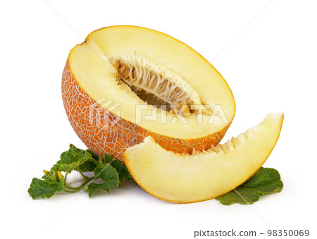 Ripe orange melon with green leaf isolated on white background. cantaloupe melon slices isolated on white background. This has clipping path. Ripe orange melon with green leaf isolated on white background. cantaloupe melon slices isolated on white background. This has clipping path. 98350069